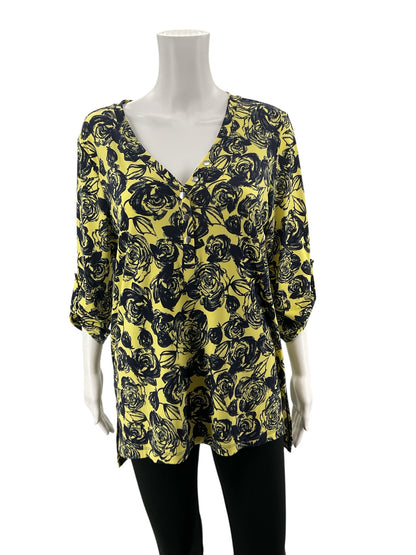 Christopher &amp; Banks Yellow Navy Floral V-Neck Tunic Top Size Medium