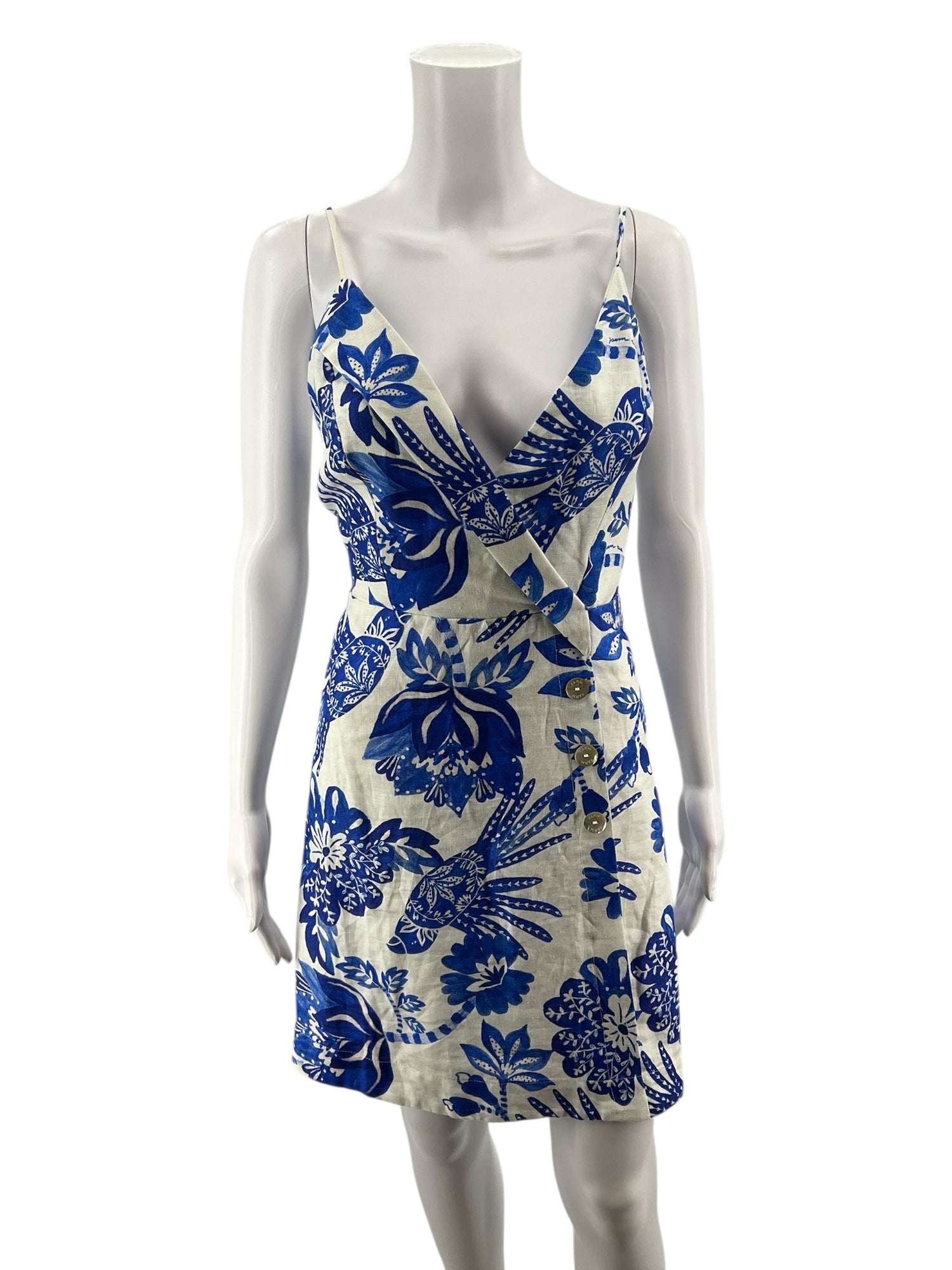 FARM Rio blue/white A-Line Farm Blue/White Birds Pre-Owned Ladies Dress - Size Large - Size L