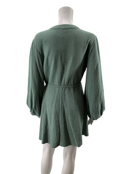Entro Sage Green Linen Blend Button-Front Mini Dress | Size Small