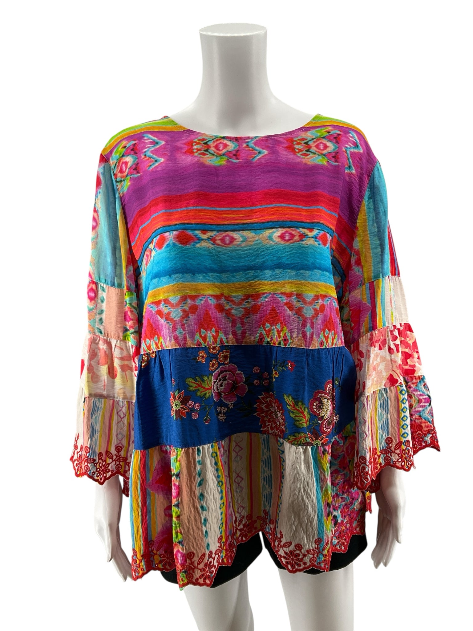 John Mark Floral Patchwork Boho Tunic Top Embroidered 3/4 Sleeve Blouse Size XL