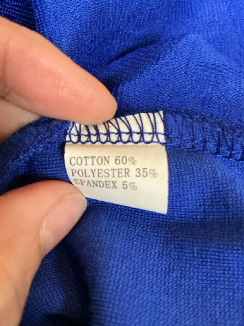 Close-up of fabric tag showing material composition: 60% cotton, 35% polyester, 5% spandex for the HOMEYBEE royal blue dress.