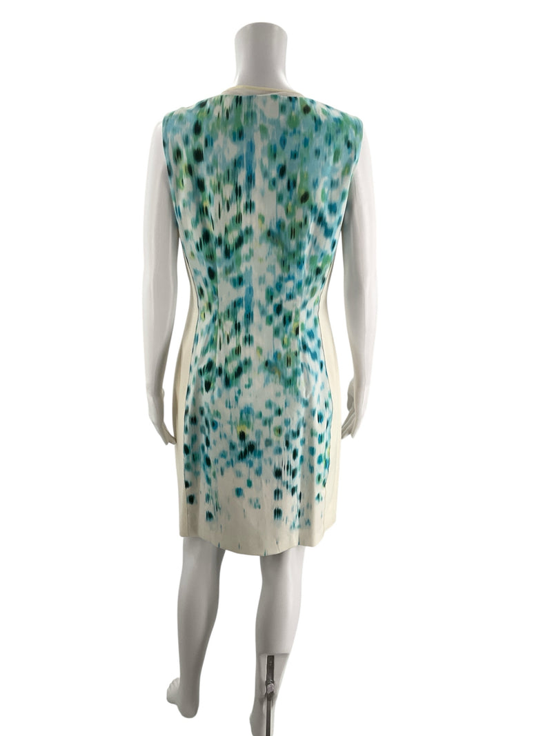 Back view of Elie Tahari white and aqua print sleeveless dress, size 8. Elegant cotton-blend sheath, new with tags and never worn.