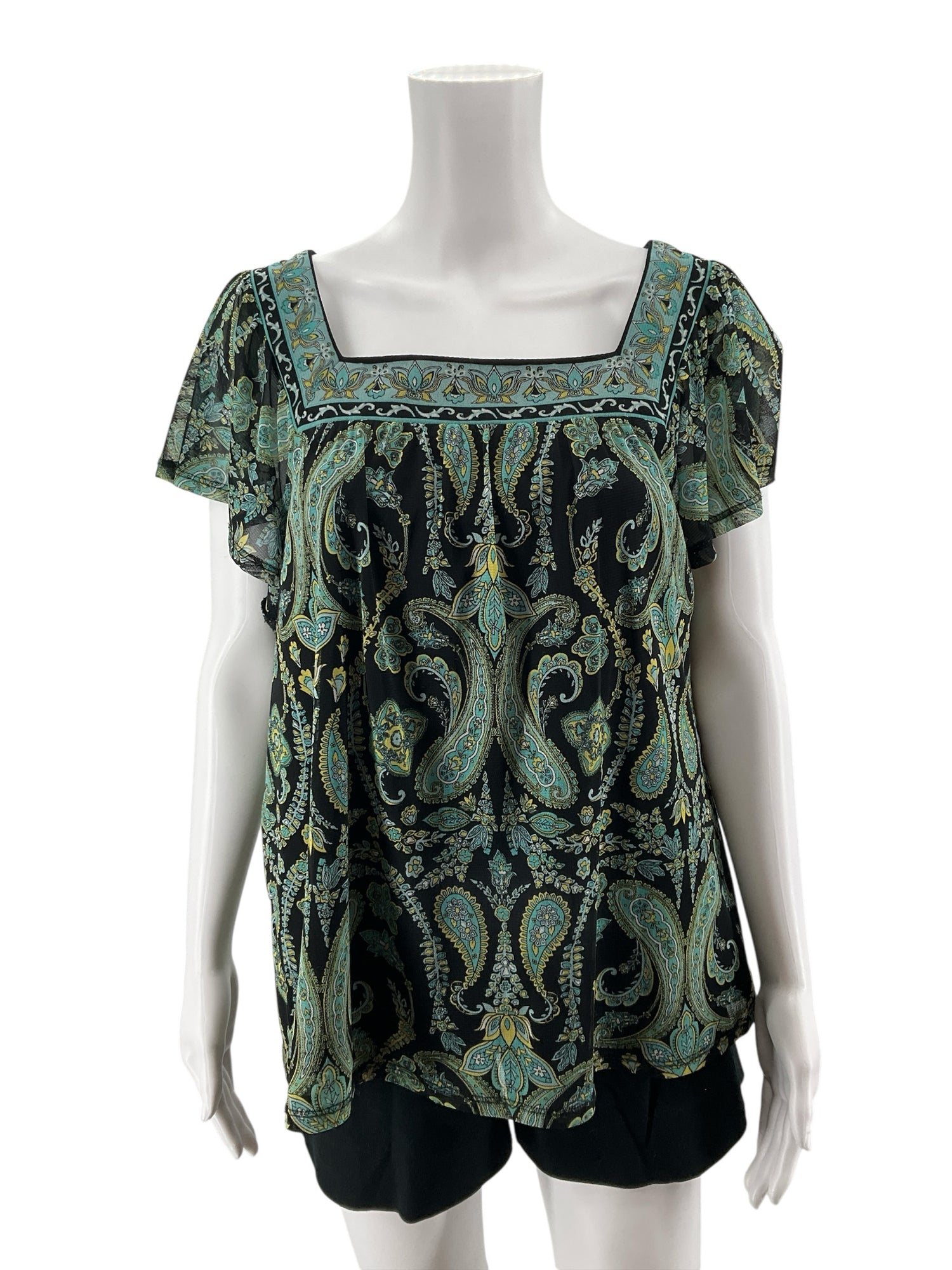Apt. 9 Petite Large Paisley Embroidered Flutter Sleeve Blouse Black Turquoise