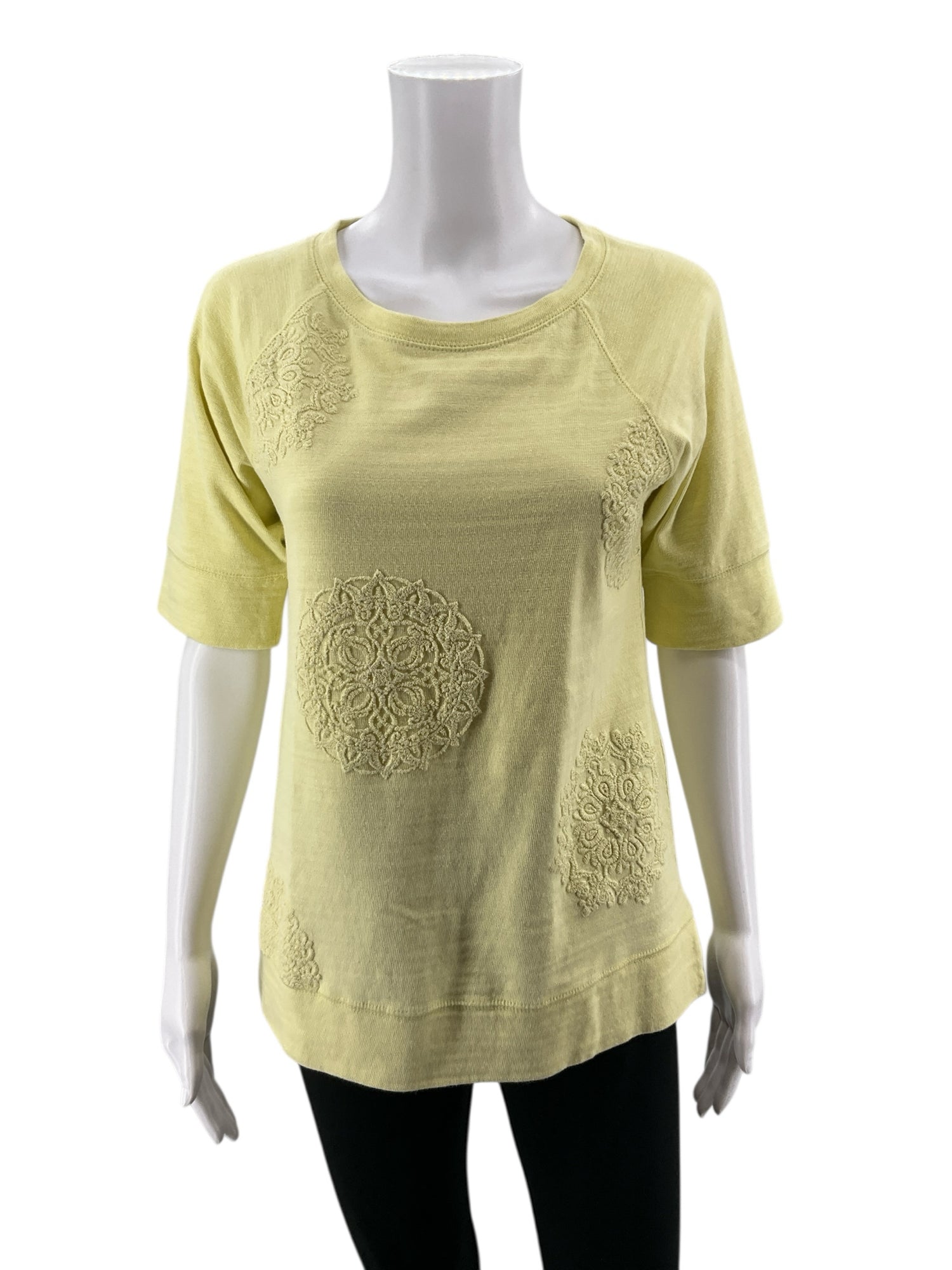 LOFT Yellow Short Sleeve Yellow Embroidered Medallion Slub Knit Tee Top NWT Size Small - Size S