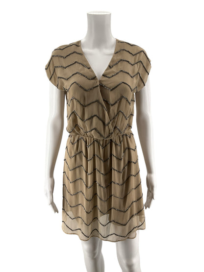 Ranna Gill Tan Chevron Beaded V-Neck Mini Dress Size Petite XS