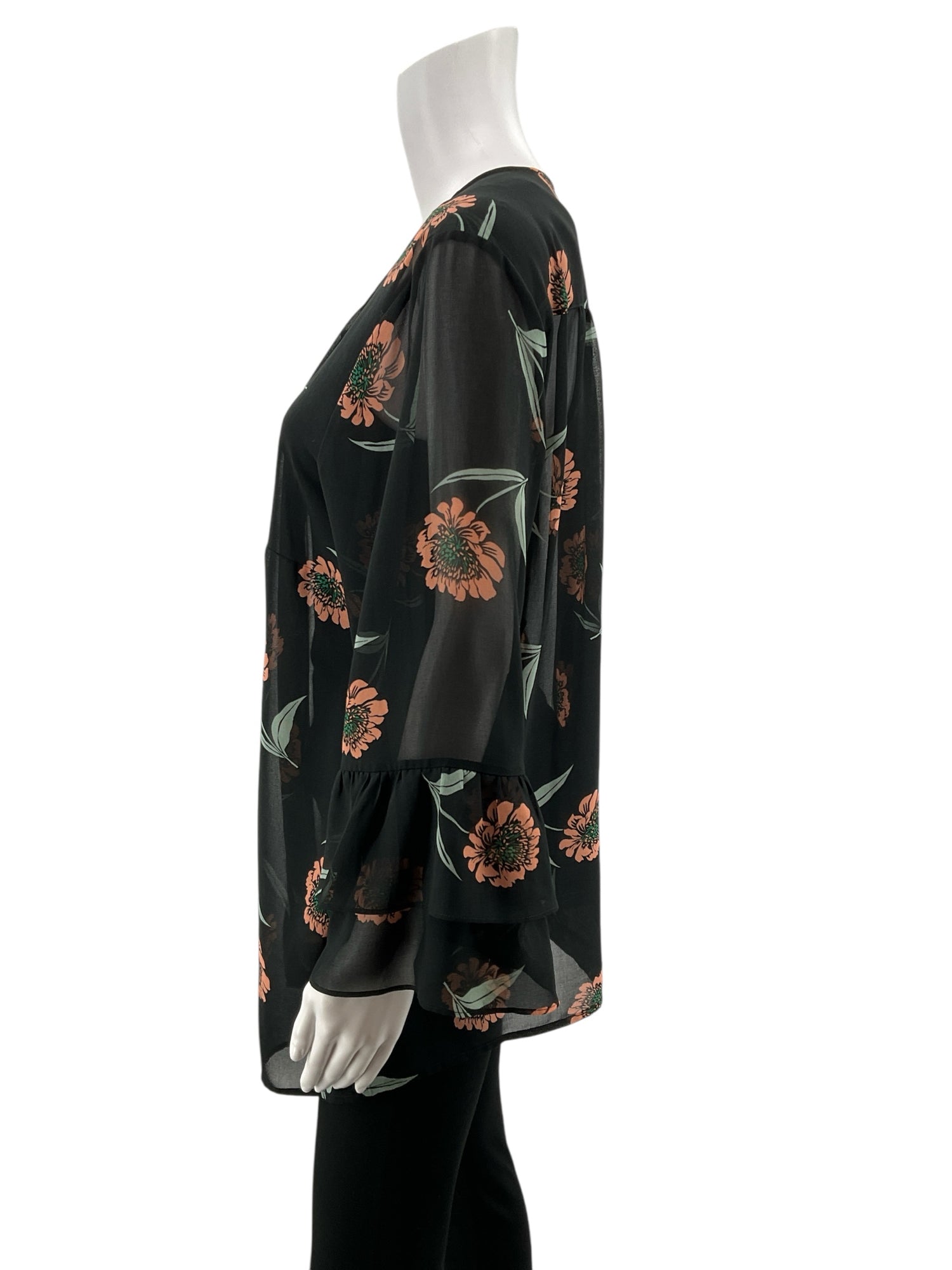 cabi Sundance Top Floral Tiered Ruffle Sleeve Blouse Size XL
