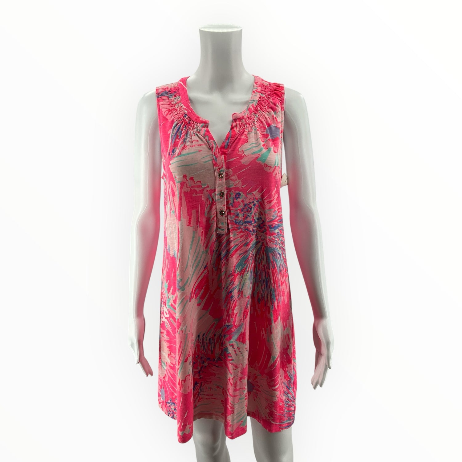 Lilly Pulitzer Marlowe Dress M Pink Blue Floral Henley Sleeveless T-Shirt Dress