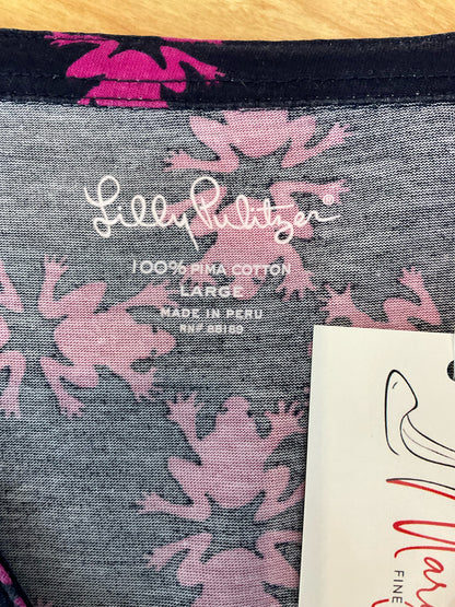 Lilly Pulitzer Skipper Popover Henley Top Downstairs Print Navy Pink Size L - Downstairs