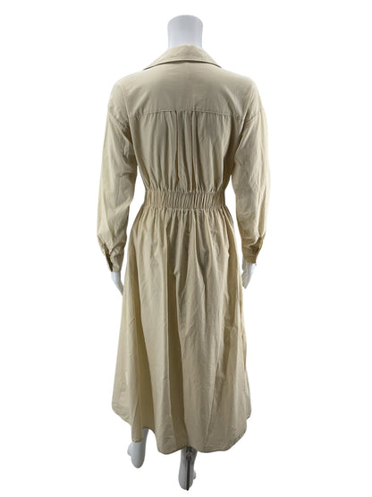 Cream Cotton Long Sleeve Belted Midi Shirt Dress Size Small