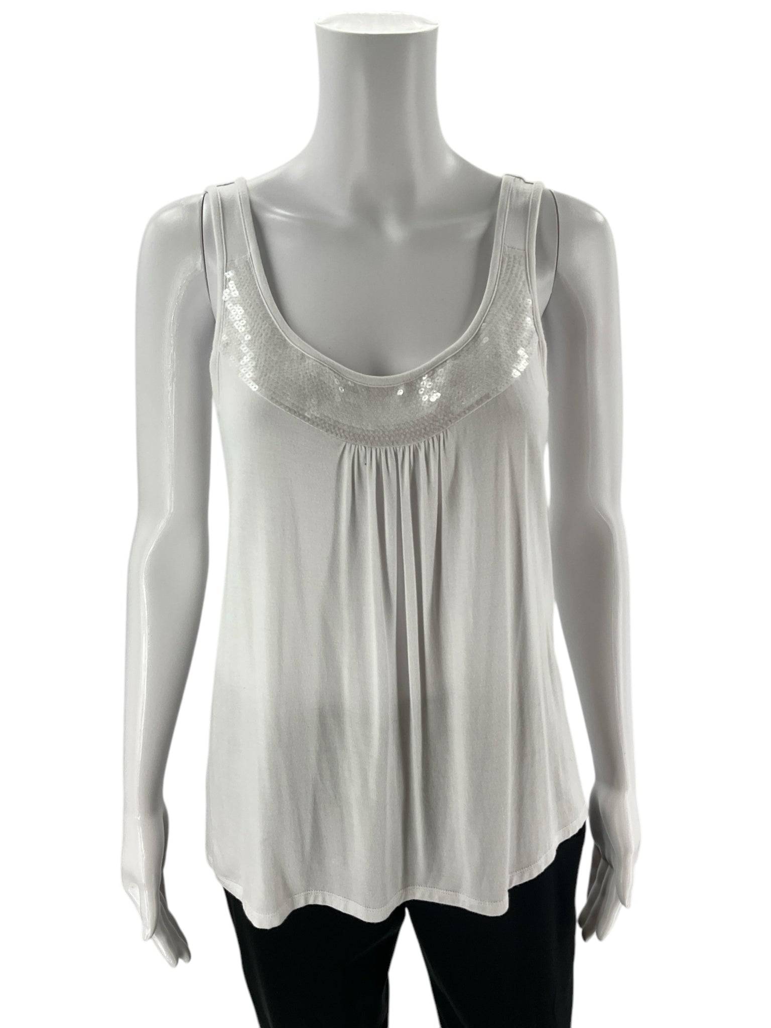 Front view of August Silk Top Size Petite Small, white sleeveless blouse with sequin neckline, available at Margaret's Fine Consignments.
