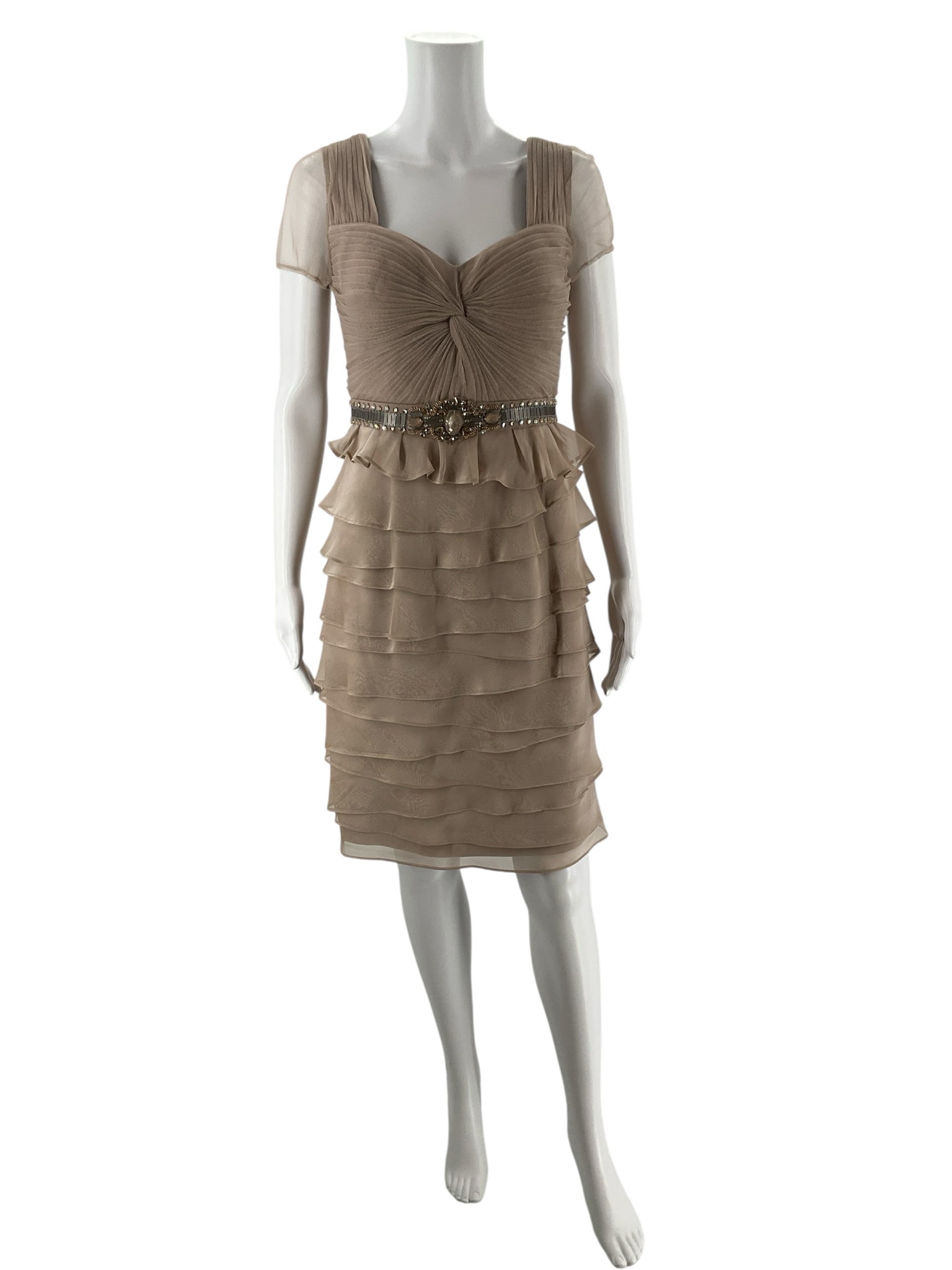 Adrianna Papell taupe ruffle dress, size 6, featuring elegant layers and a flattering silhouette for women&