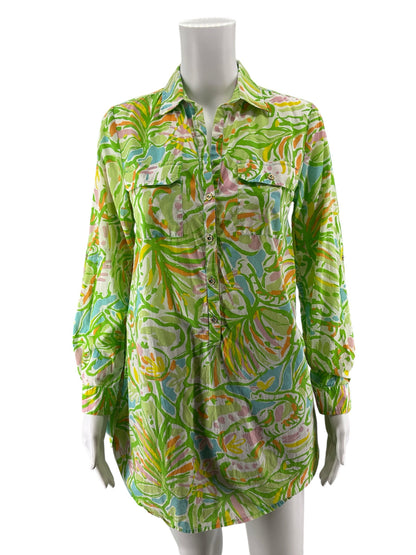 Lilly Pulitzer Sandpiper Tunic Top XS Green Blue Tropical Palm Print