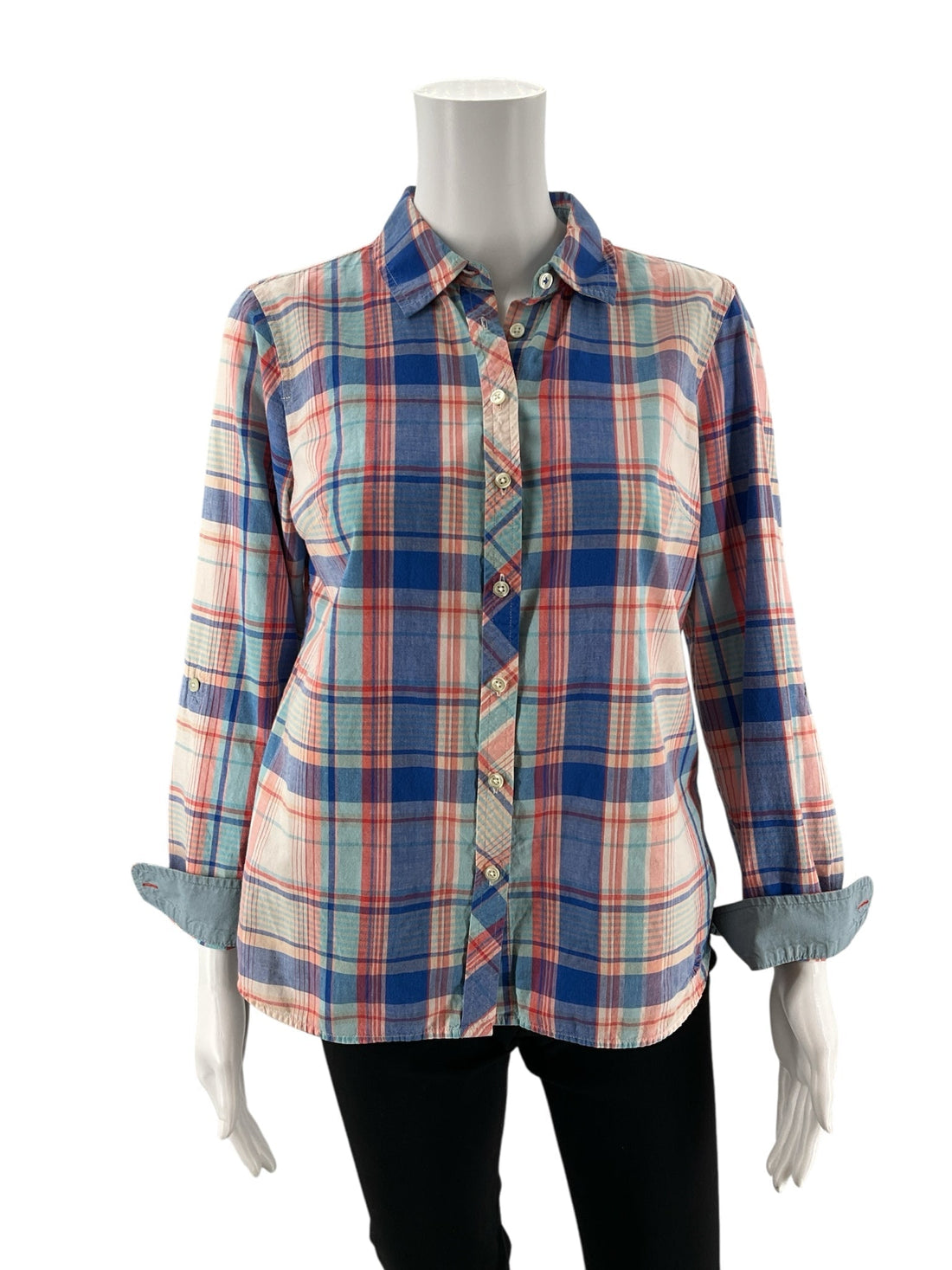 Talbots Petites blue and multi plaid button-down shirt for women, size 8 petite, featuring a classic preppy style.