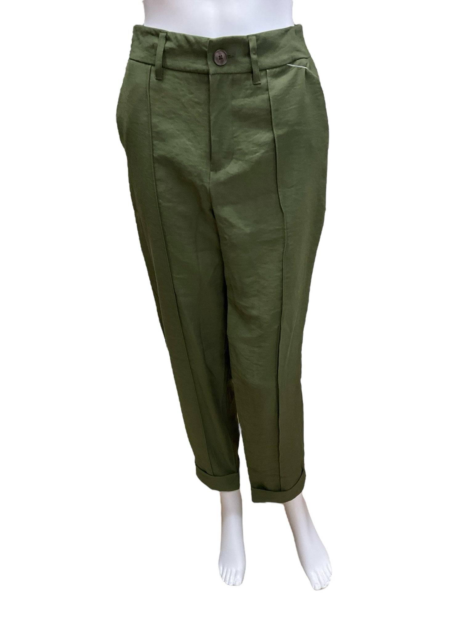 A New Day Pants Size 4 in olive green with front pleats and cuffed hems, available at Margaret's Fine Consignments.