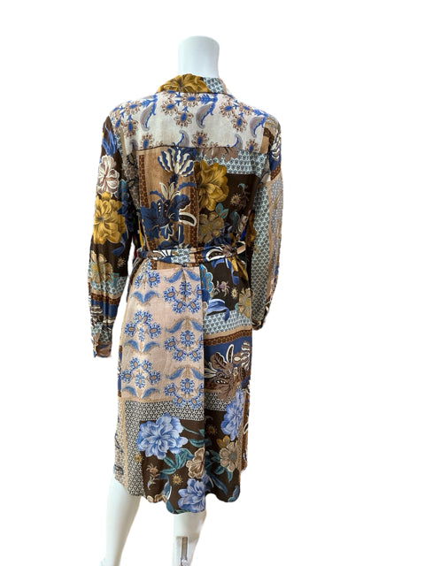 Back view of Talbots Blue & Brown Patchwork Floral Shirt Dress NWT, size 6, showing collared design and flowy A-line silhouette.