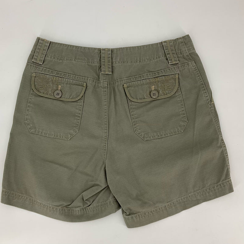Back view of Eddie Bauer Olive Shorts - Size 8 featuring flap button pockets, perfect for everyday utility and comfort.
