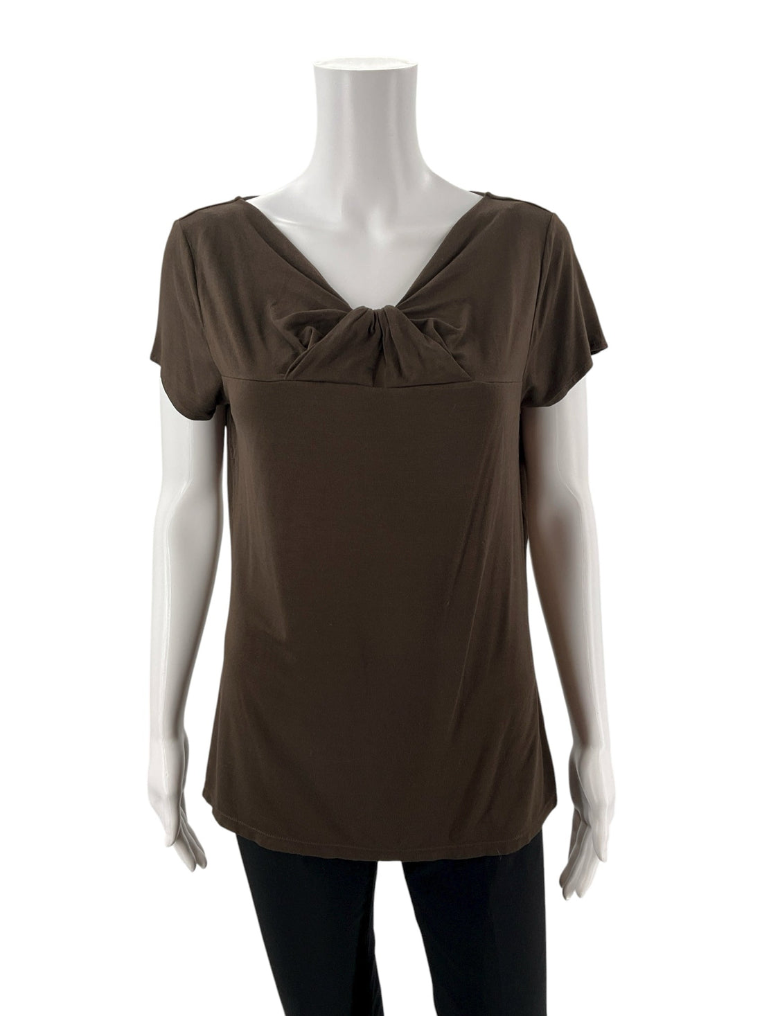 Ann Taylor brown pre-owned ladies top in size large with knot front, twist front, and cap sleeves in jersey knit.