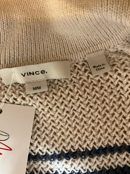 Vince Variegated Stripe Polo Sweater Womens Size Medium Ecru Blue Cotton Knit Top
