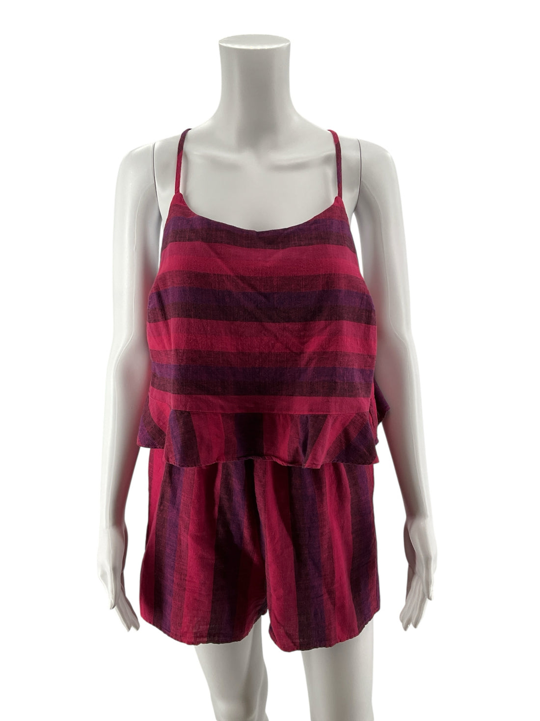 Amadi Anthropologie Tiered Striped Romper Cotton Linen Pink Purple XS