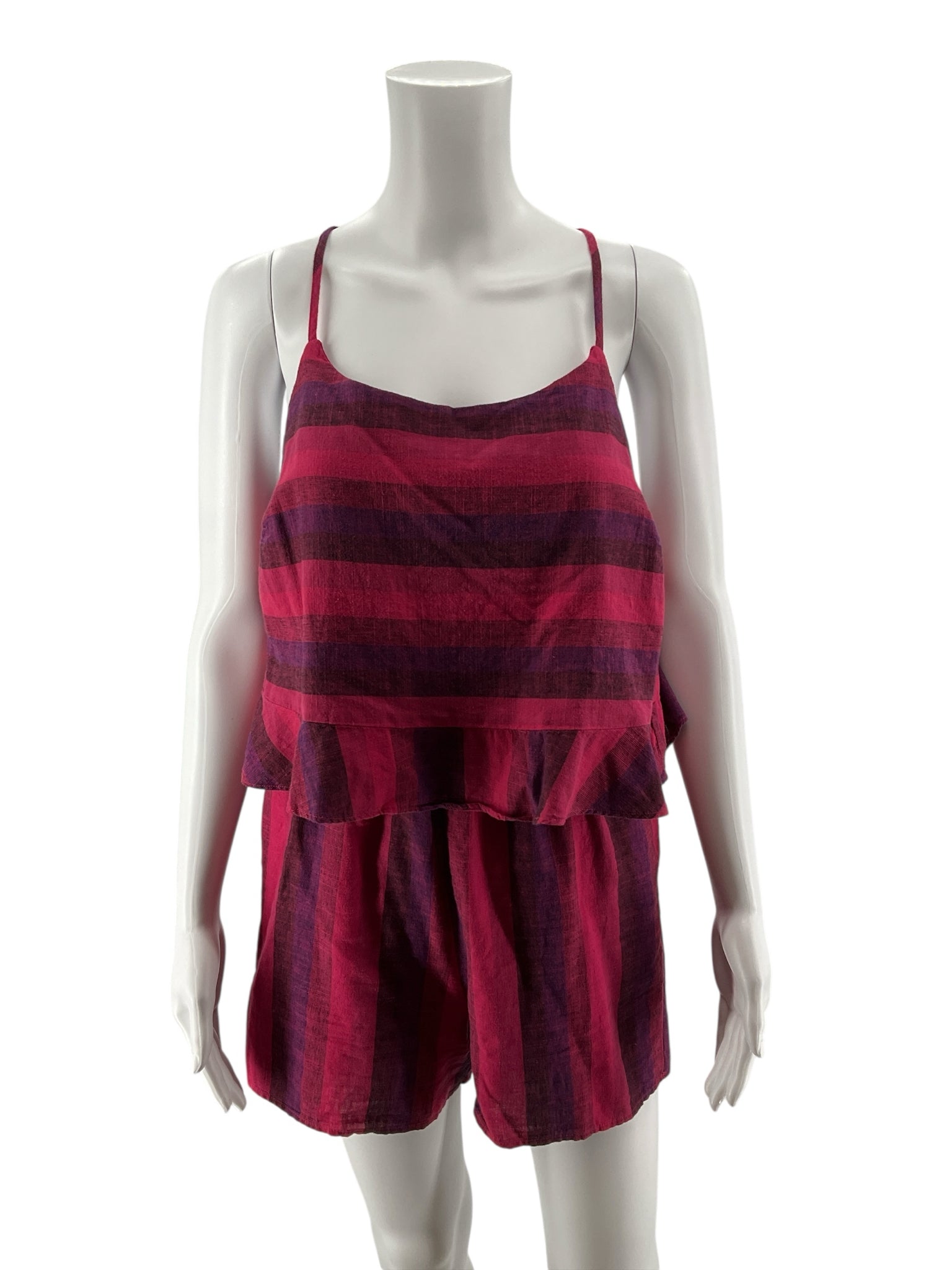 Amadi Anthropologie Tiered Striped Romper Cotton Linen Pink Purple XS