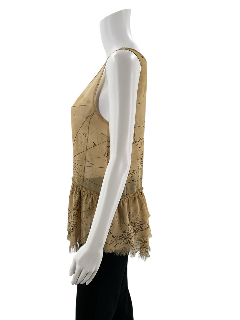 Side profile of Rachel Roy Tan Pre-Owned Ladies Top - Size Small highlighting the flowy silhouette and raw hem finish.