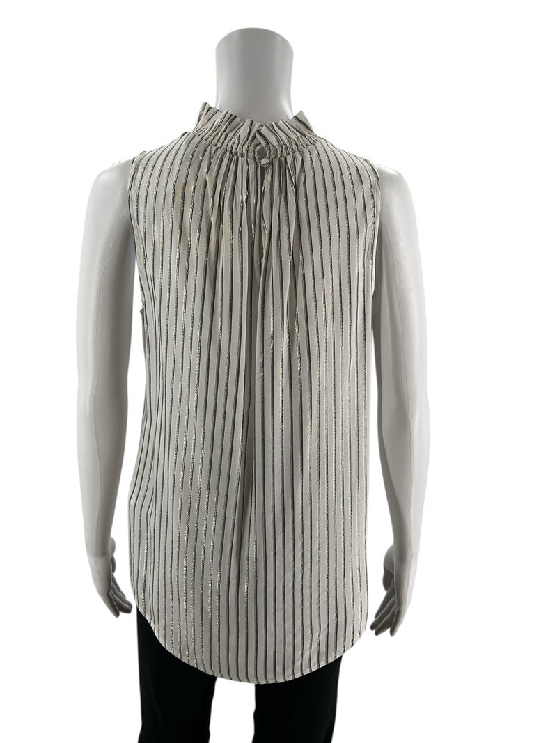 Back view of Banana Republic White/Silver Striped Pre-Owned Ladies Top - Size XS showing keyhole closure and gathered ruffle neck detail.