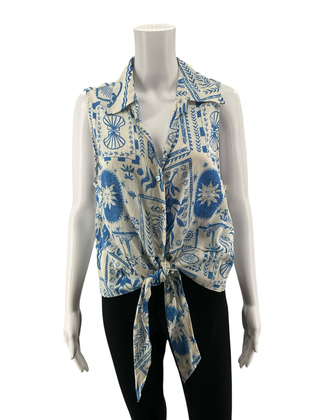 Calypso St. Barth white/blue Sleeveless Coastal Print Linen Blend Tie-Front Tank Top XL - Size XL