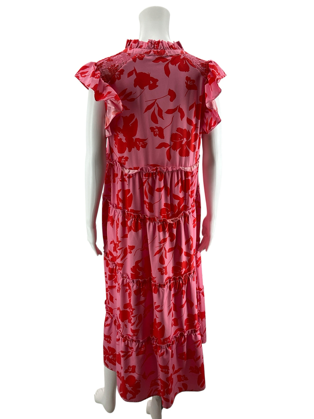Umgee Pink &amp; Red Floral Ruffle Sleeve Tiered Boho Midi Dress Size Medium - ONLINE ONLY