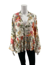 LOFT White/multi Long Sleeve Floral Smocked Tie-Neck Peplum Blouse Size Medium - Size M