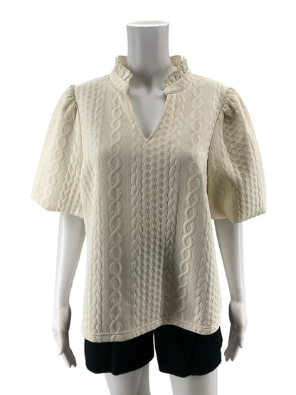 Voy by Tribal Cream Textured Flutter Sleeve Blouse | Size Medium