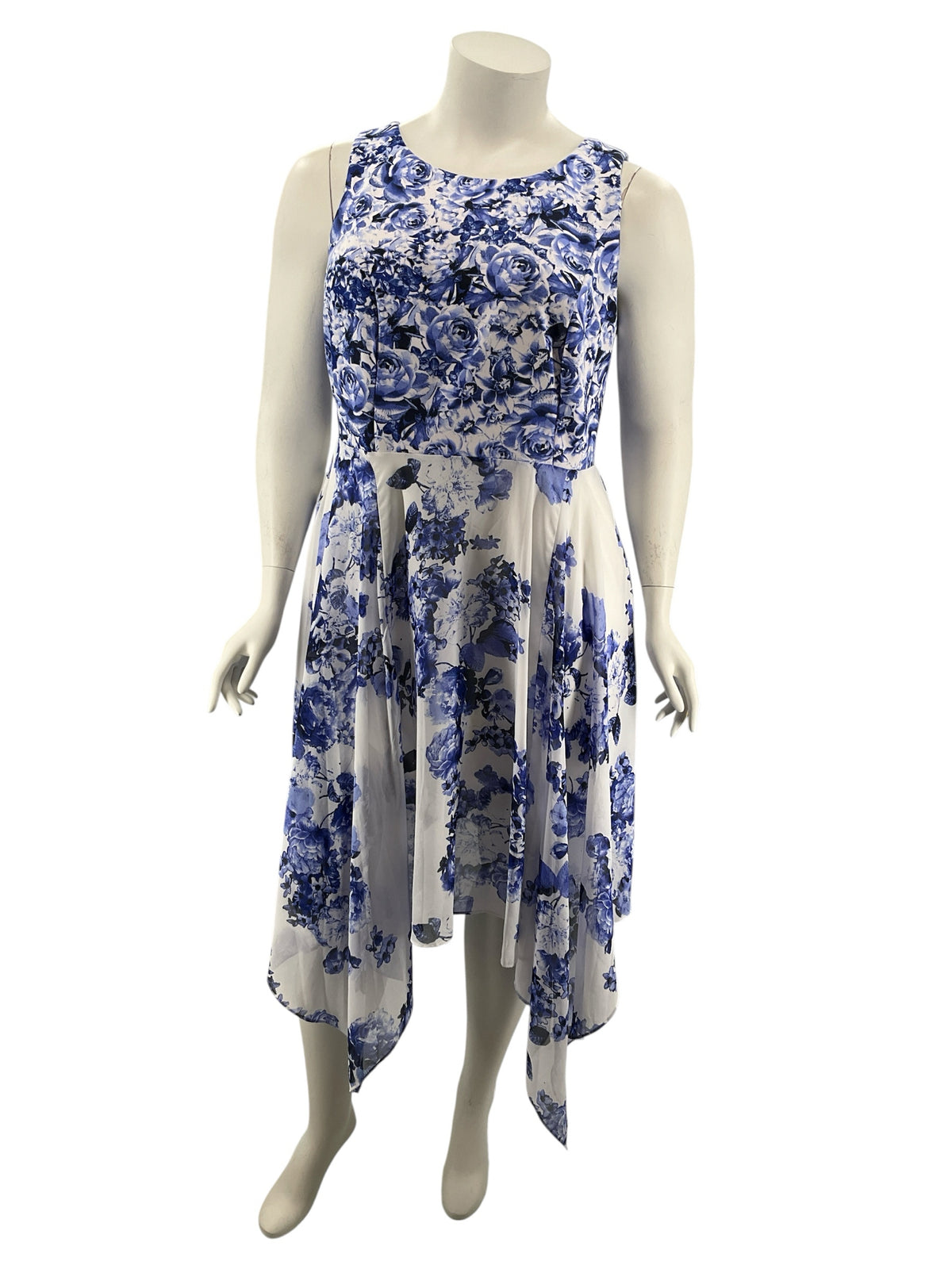 Signature by White Bee Blue &amp; White Floral Handkerchief Hem Dress Size 18W - ONLINE ONLY