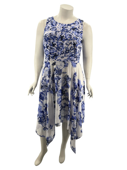 Signature by White Bee Blue &amp; White Floral Handkerchief Hem Dress Size 18W - ONLINE ONLY