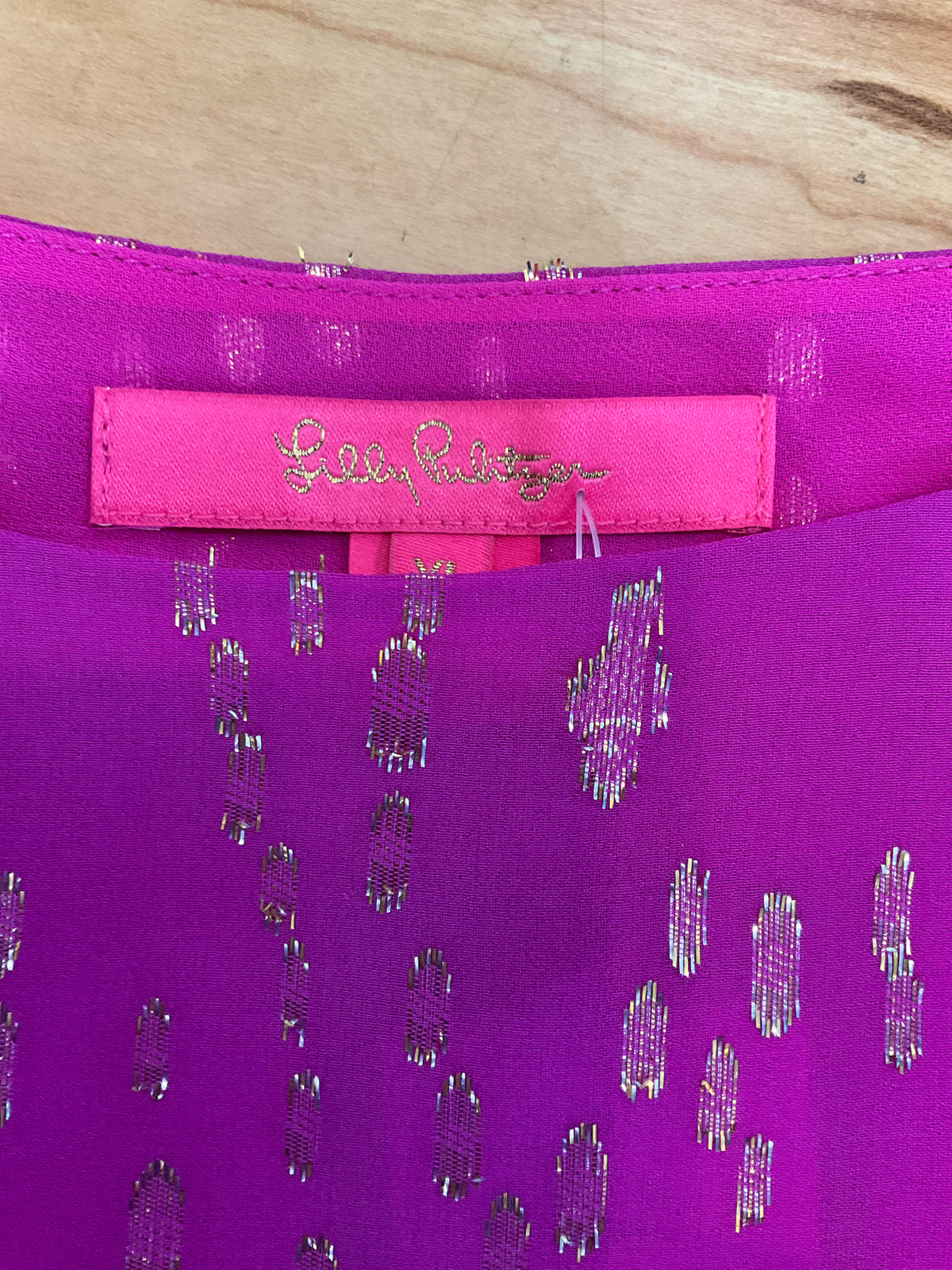 Lilly Pulitzer Avah Top Fuchsia Pink Silk Metallic Blouse Size XL