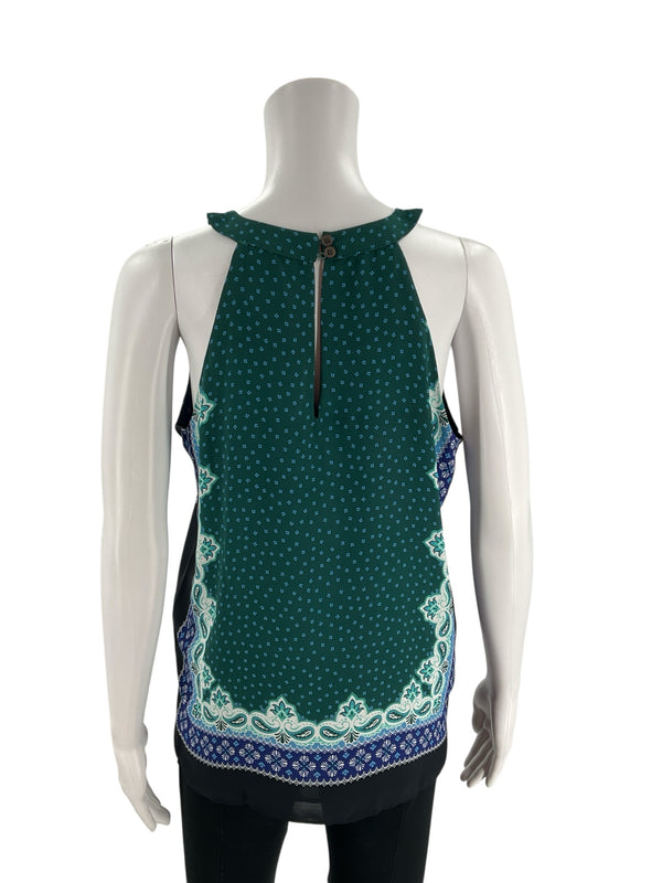 Back view of Loft Green Multi Print Top Small | Sleeveless Consignment Style featuring keyhole button closure and printed border detail.