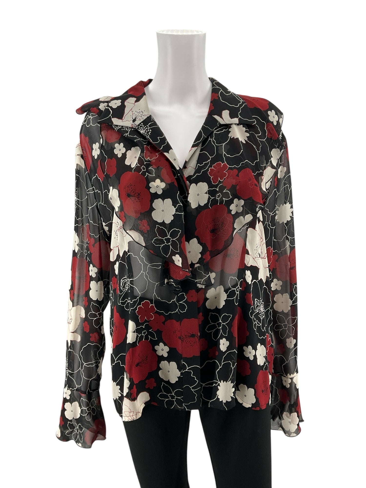 Peter Nygård Red &amp; Black Floral 100% Silk Sheer Button-Down Blouse | Size 16