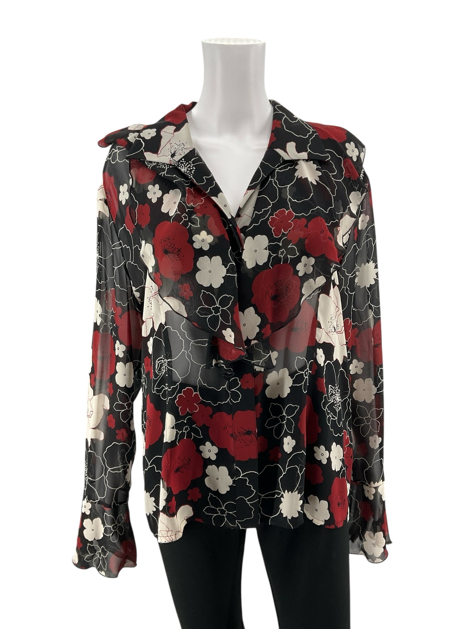Peter Nygård Red &amp; Black Floral 100% Silk Sheer Button-Down Blouse | Size 16