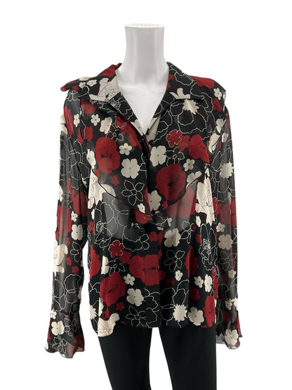 Peter Nygård Red &amp; Black Floral 100% Silk Sheer Button-Down Blouse | Size 16