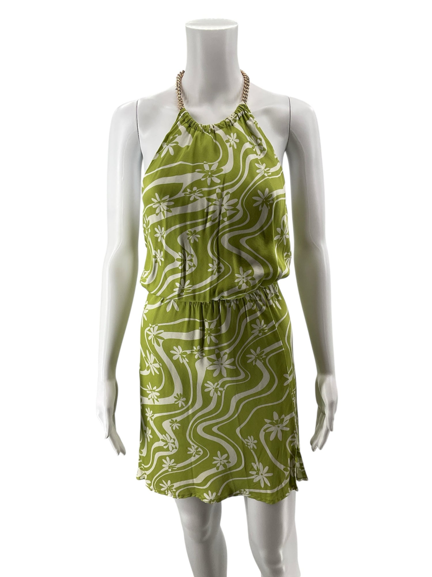ASTR The Label Gaia Chain Halter Mini Dress XS Celery Floral