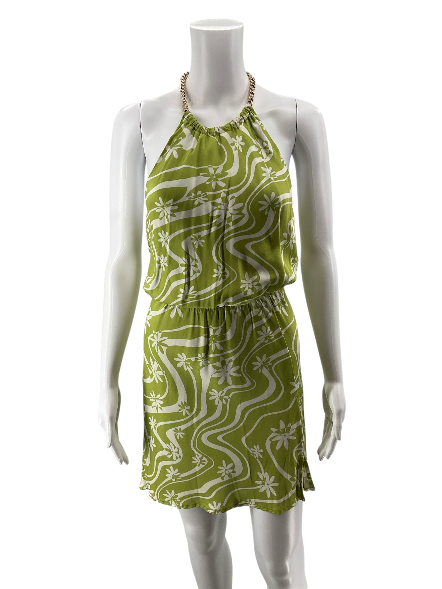 ASTR The Label Gaia Chain Halter Mini Dress XS Celery Floral