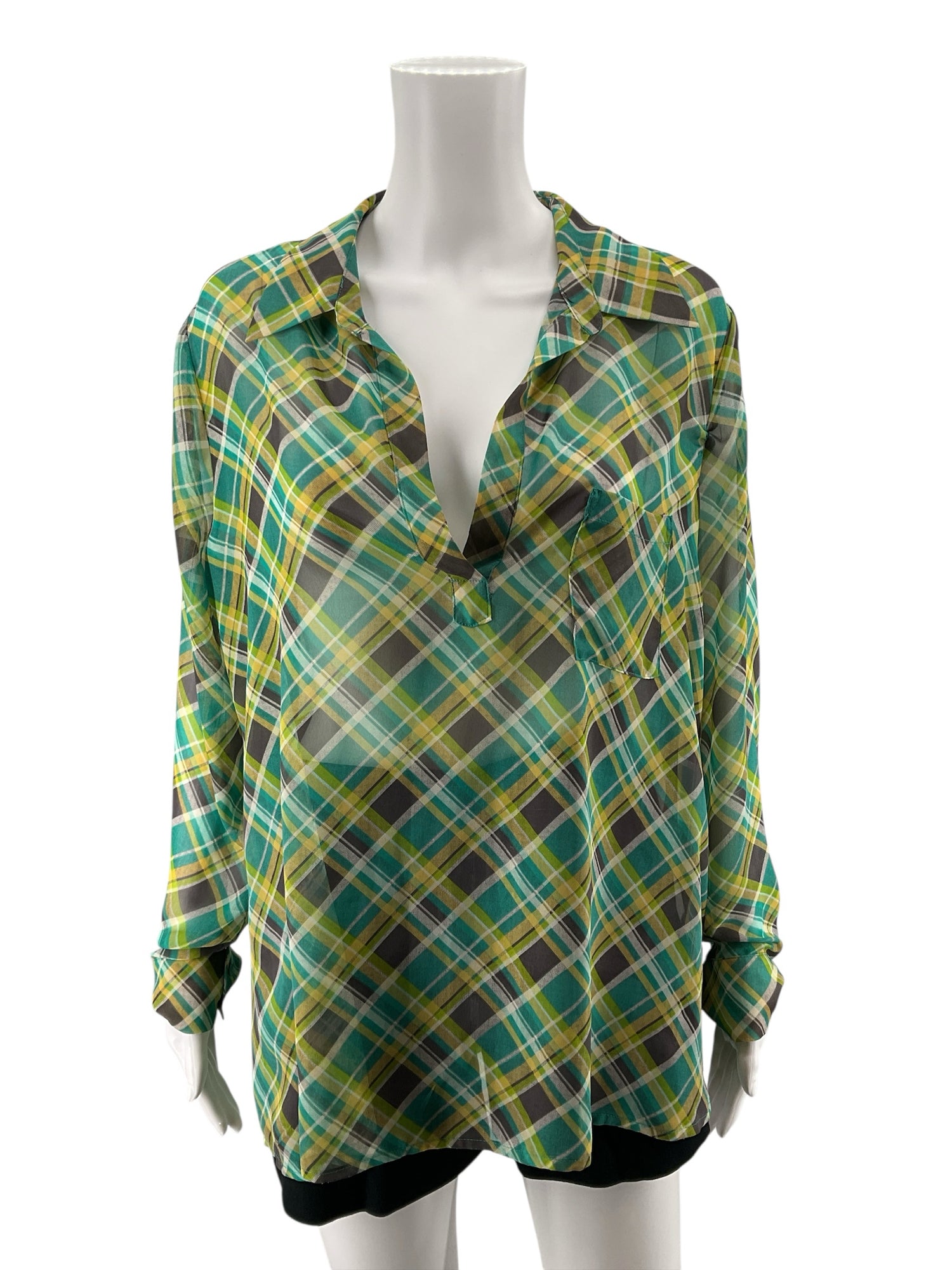 Pleione Plaid Roll-Tab Sleeve V-Neck Tunic Blouse Green Yellow | Size Large