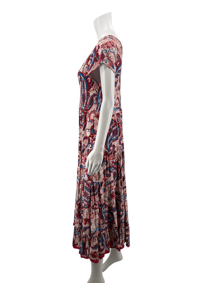 Soft Surroundings Tan/Red/Blue Boho Delphine Paisley Tiered Midi Dress Boho Cap Sleeve Size Large - Size L