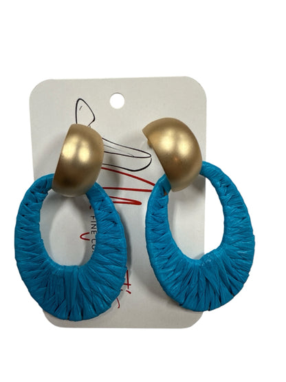 FINE CRAFT Blue Raffia Wrapped Teardrop Gold Dome Stud Earrings
