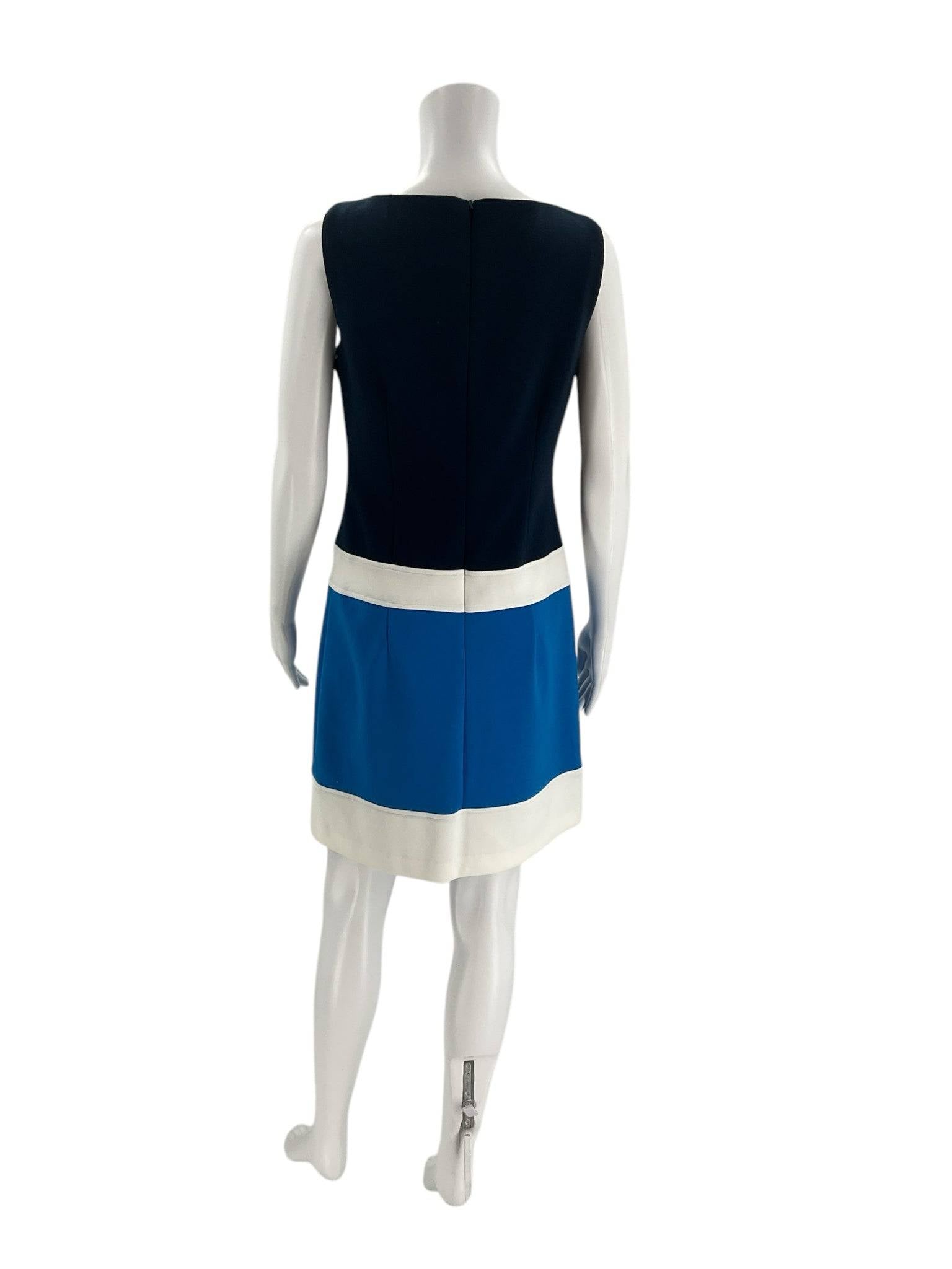 Back view of Laundry Dress Size 6 on mannequin, showing zipper closure and tri-color design in navy, white, and blue.