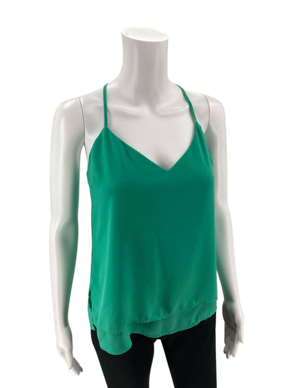 Forever 21 teal solid sleeveless top size small displayed on mannequin, featuring V-neck and layered hem. Shop at Margaret’s Fine Consignments.