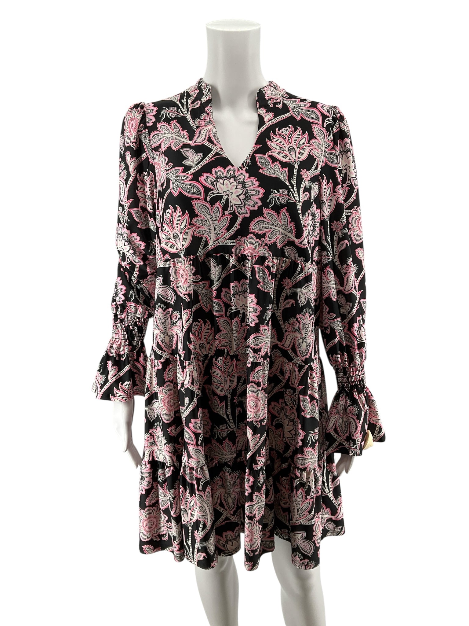 Jude Connally Trixie Dress Size S Black Pink Persian Paisley Tiered Long Sleeve