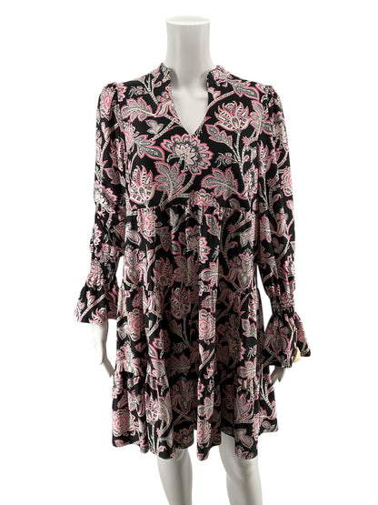 Jude Connally Trixie Dress Size S Black Pink Persian Paisley Tiered Long Sleeve