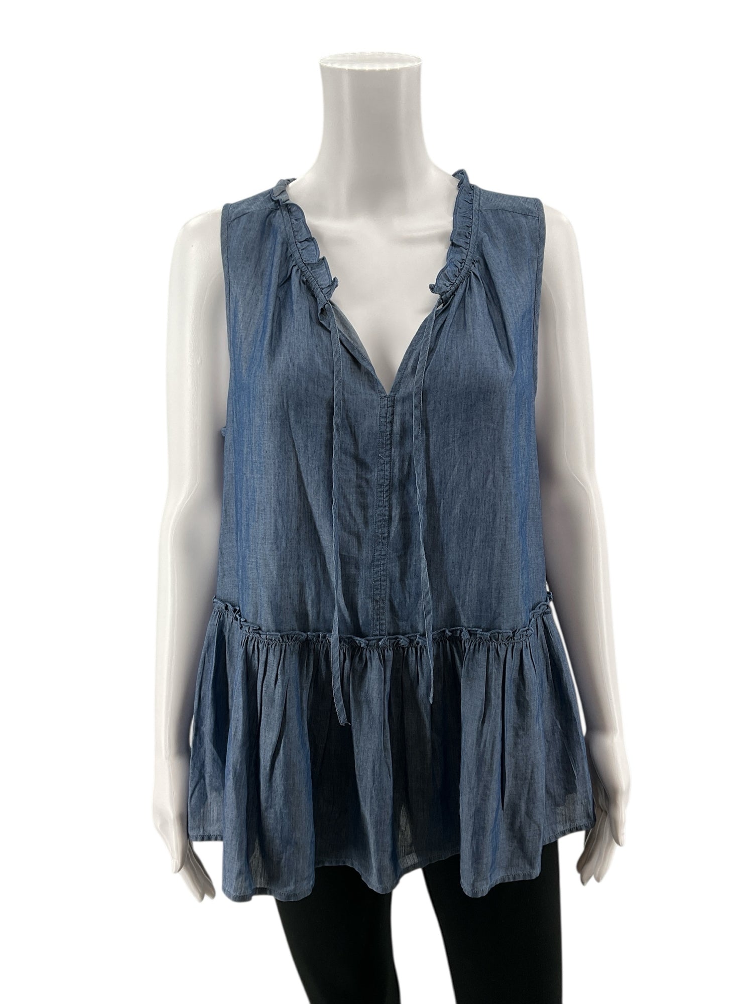 LOFT Outlet Blue Sleeveless LOFT Ruffle Tie Neck Tiered Chambray Tunic Top NWT Size Large - Size L