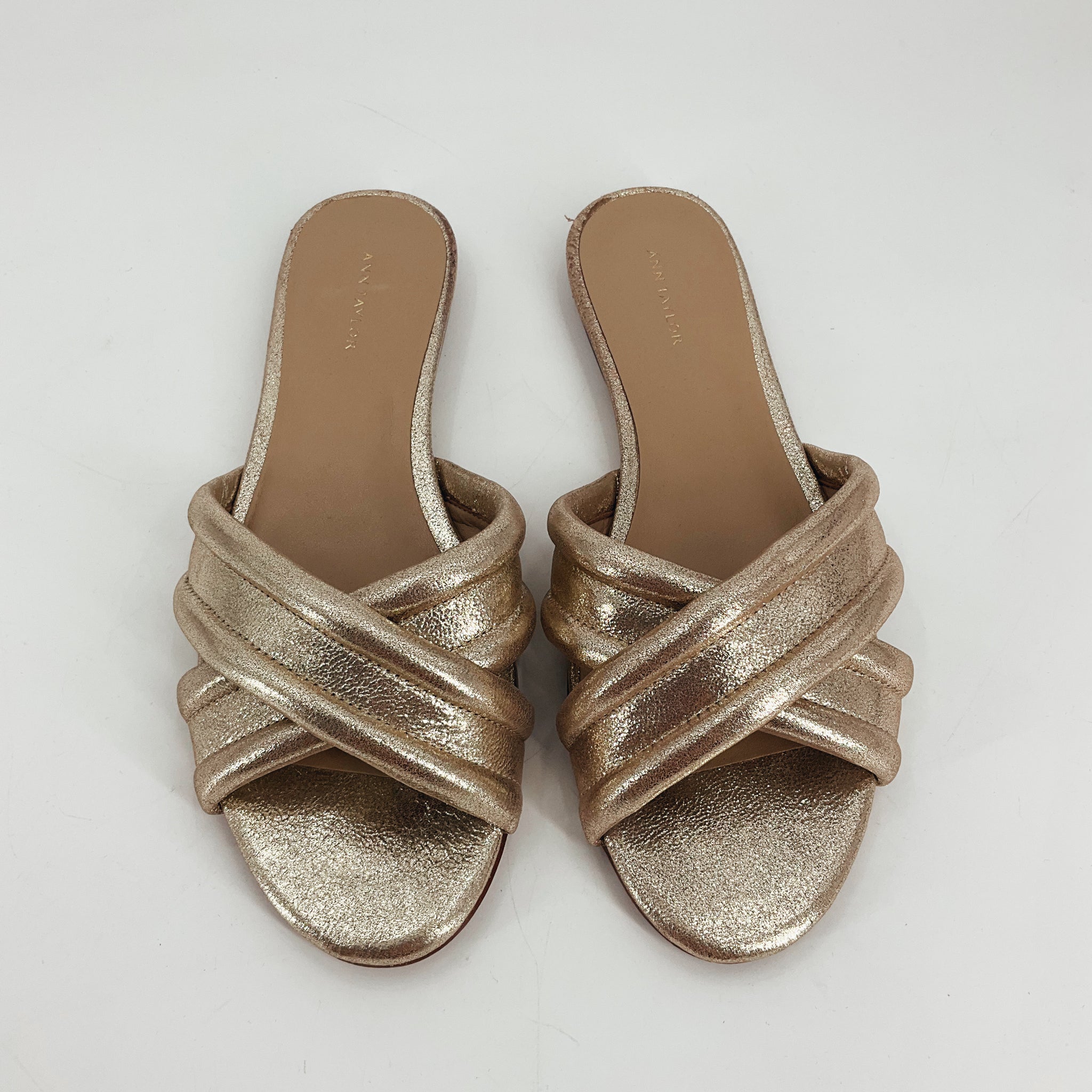 Top view of Ann Taylor Gold Sparkle Sandals - Size 7 featuring metallic gold crisscross design, perfect for elegant or casual glam looks.