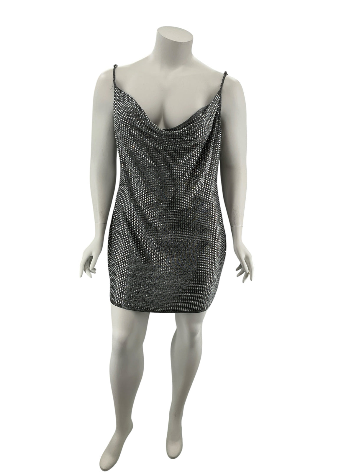 Fashion Nova 3X Rhinestone Cowl Neck Cami Top Metallic Gray Black NWT