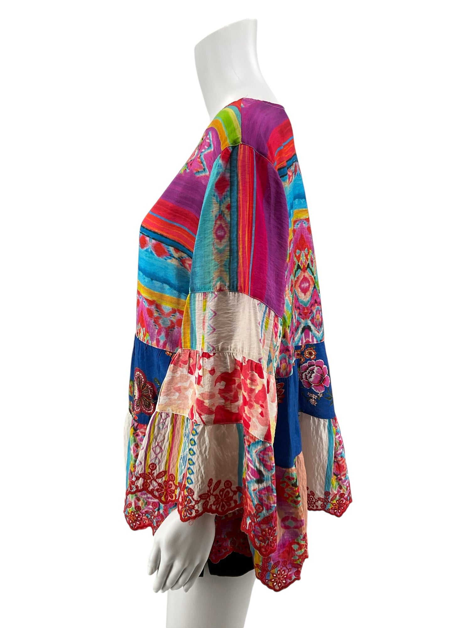 John Mark Floral Patchwork Boho Tunic Top Embroidered 3/4 Sleeve Blouse Size XL